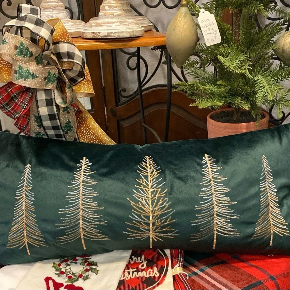 Green Holiday Rectangle Pillow with Gold Tree Embroidery